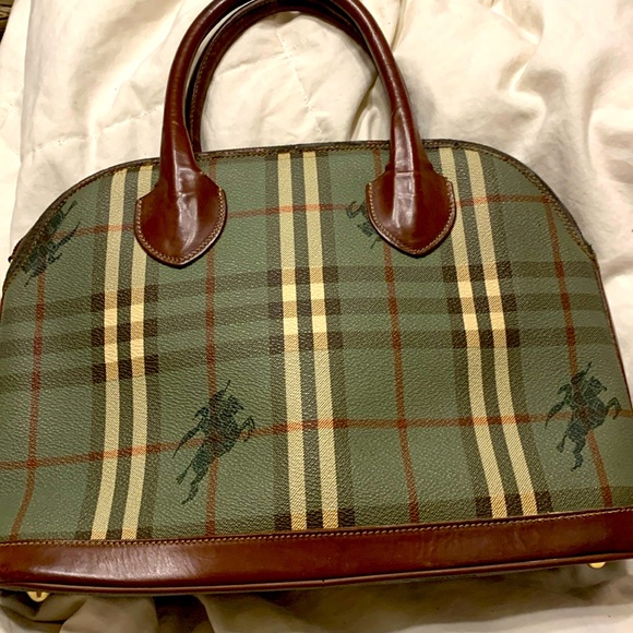 Burberry Olive Checkered Tote with Brown Leather - Picture 4 of 7